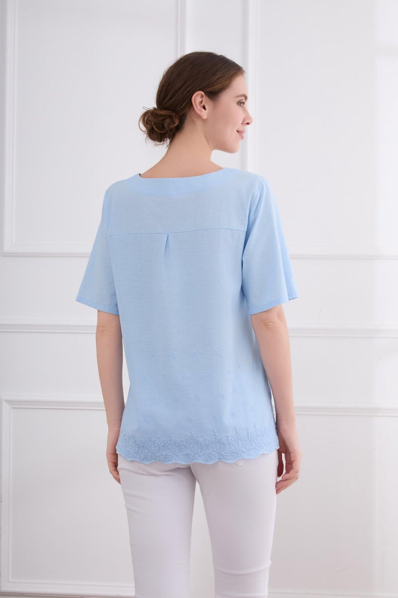 Minibee Women's Summer Linen Tunic Shirt High Low Hem Embroidery Blouse Top Blue M - Image 4